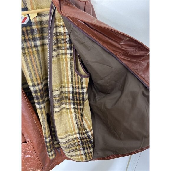Vintage Rice Sports Wear 70s Men 42 Brown Leather Hipster Mod Disco Plaid Coat - Picture 11 of 12